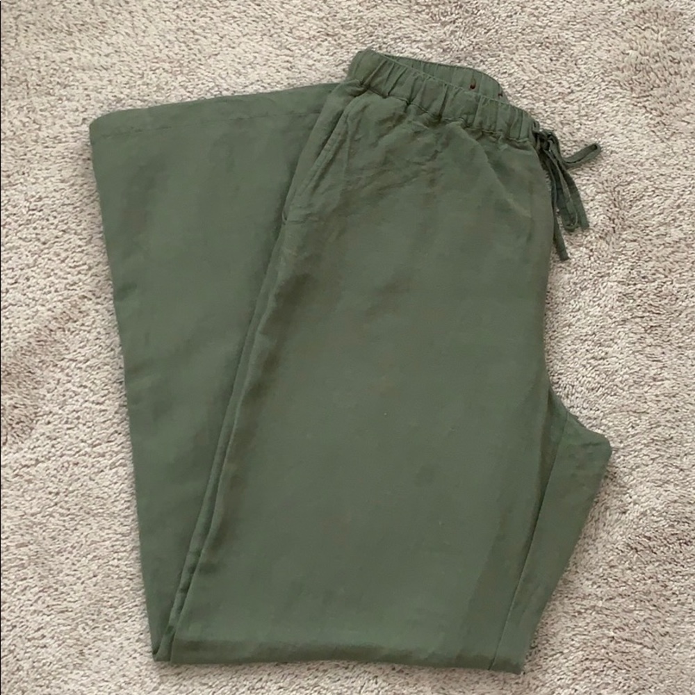 Army green wide leg linen drawstring pants